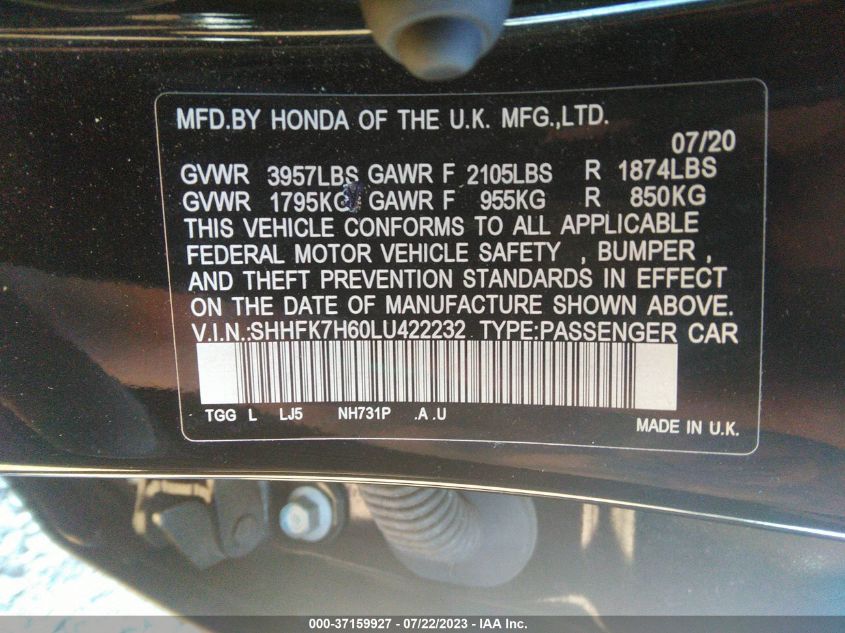 2020 HONDA CIVIC HATCHBACK EX - SHHFK7H60LU422232