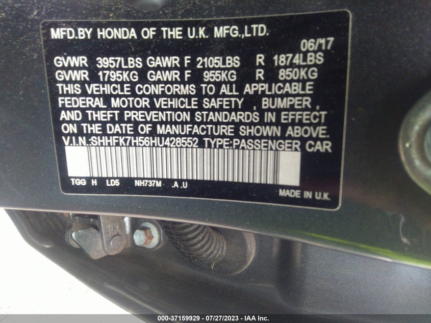 2017 HONDA CIVIC VIN: SHHFK7H56HU428552