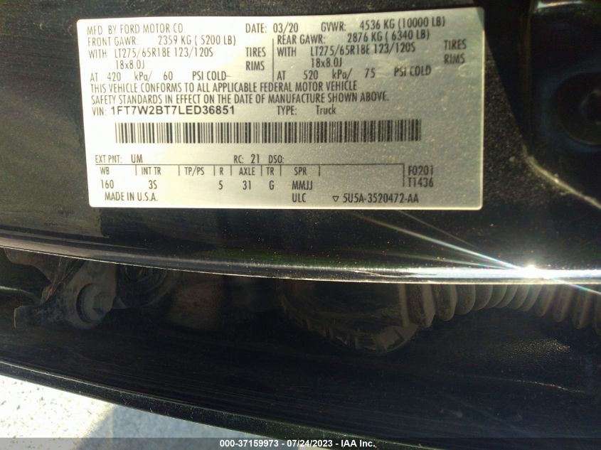 2020 FORD SUPER DUTY F-250 SRW XL/XLT/LARIAT - 1FT7W2BT7LED36851