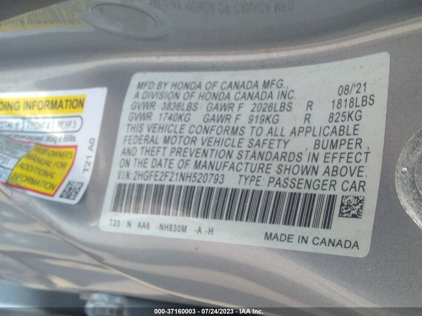 2022 HONDA CIVIC SEDAN LX - 2HGFE2F21NH520793