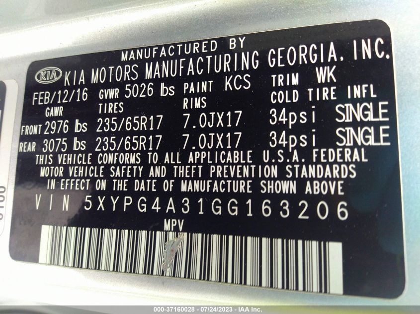 2016 KIA SORENTO LX/L - 5XYPG4A31GG163206