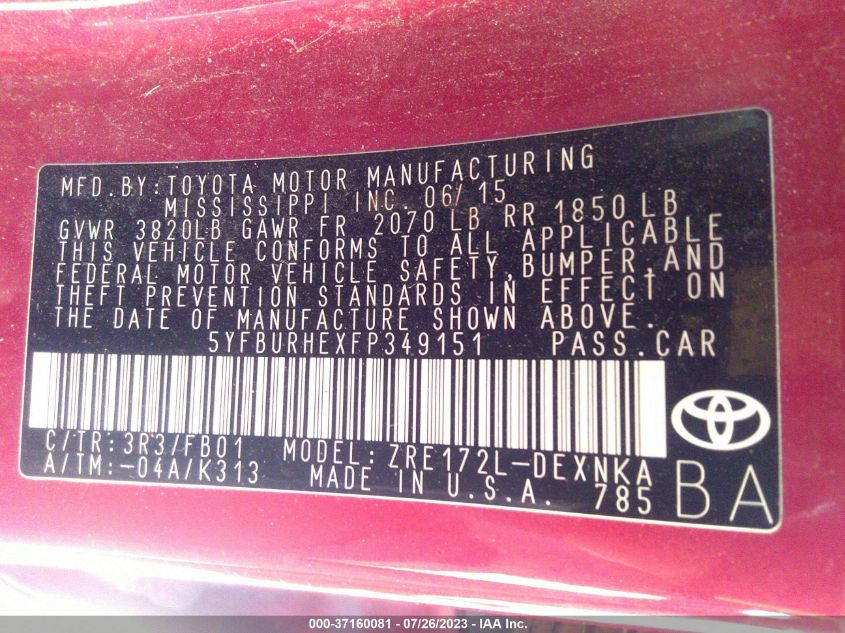 2015 TOYOTA COROLLA L/LE/S/S PLUS/LE PLUS - 5YFBURHEXFP349151