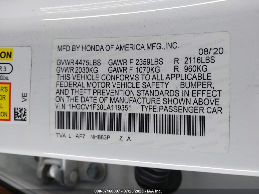 2020 HONDA ACCORD SEDAN SPORT - 1HGCV1F30LA119351