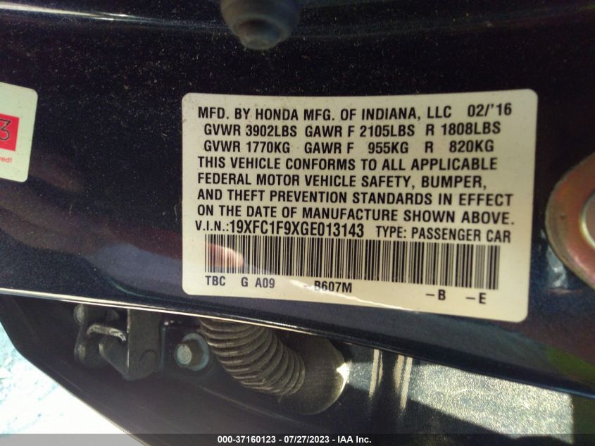 2016 HONDA CIVIC SEDAN TOURING - 19XFC1F9XGE013143