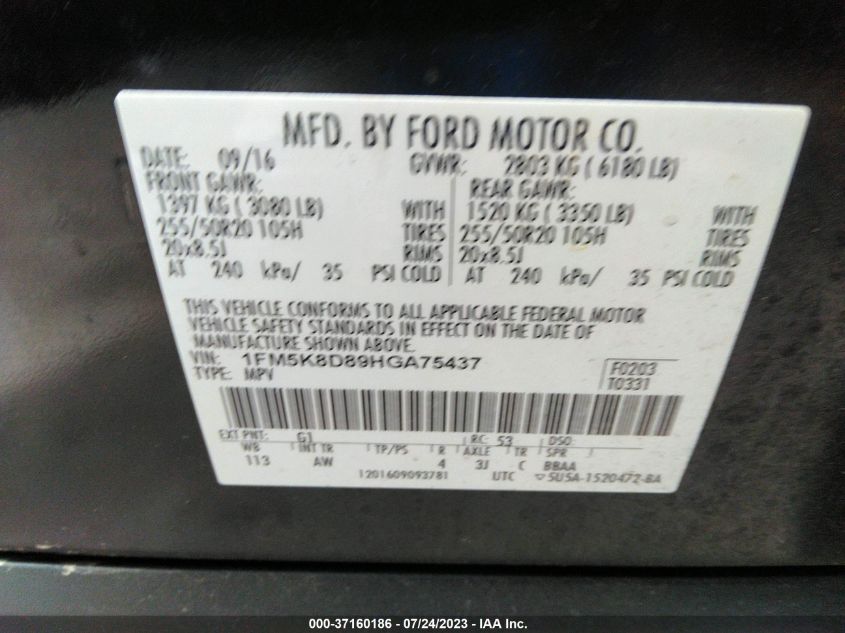 2017 FORD EXPLORER XLT - 1FM5K8D89HGA75437