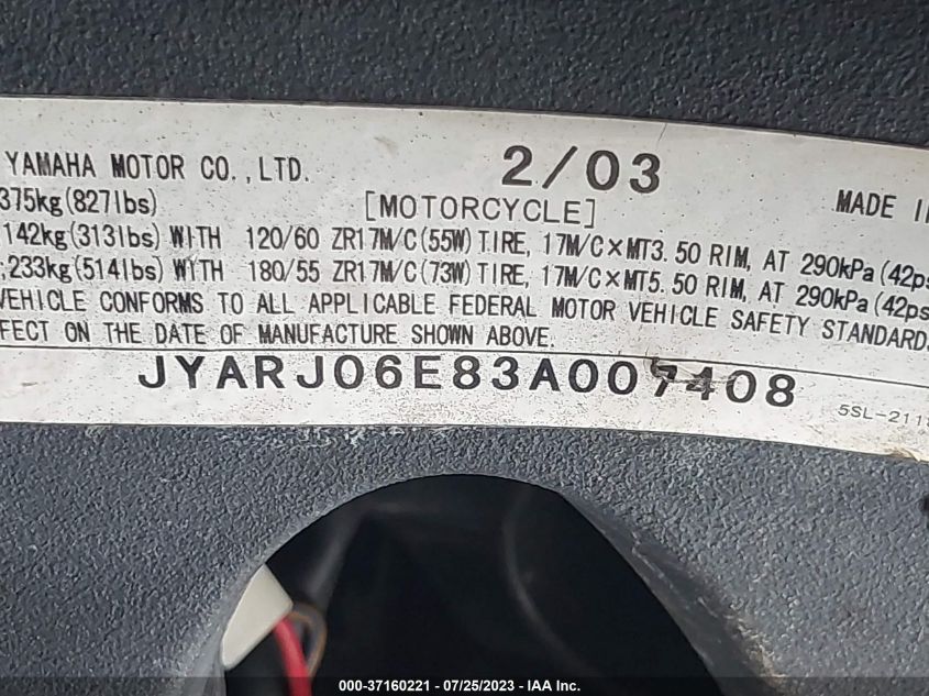 2003 YAMAHA YZFR6 L JYARJ06E83A007408