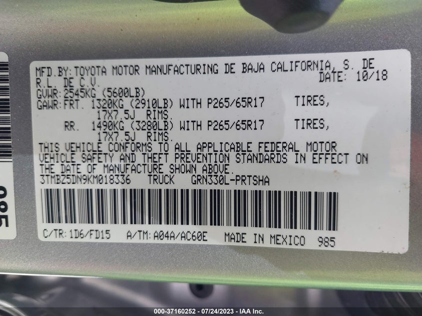 VIN 3TMBZ5DN9KM018336 2019 TOYOTA TACOMA 2WD SR5/TRD SPORT