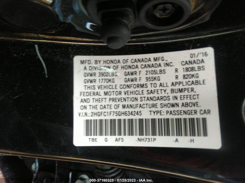 2016 HONDA CIVIC SEDAN EX-L - 2HGFC1F75GH634245