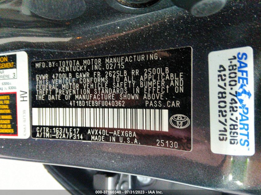 2015 TOYOTA AVALON HYBRID XLE TOURING/LIMITED 4T1BD1EB9FU040362