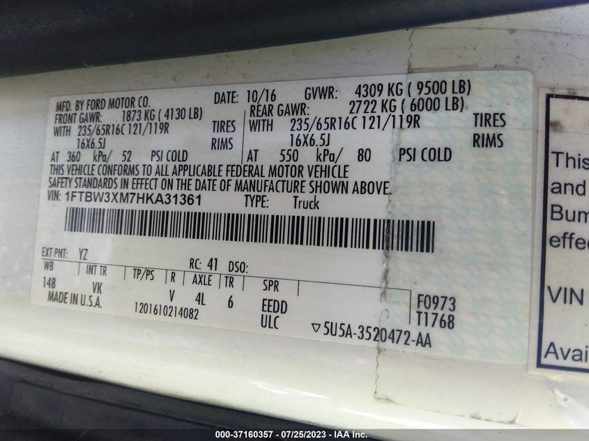 VIN 1FTBW3XM7HKA31361 2017 FORD TRANSIT VAN