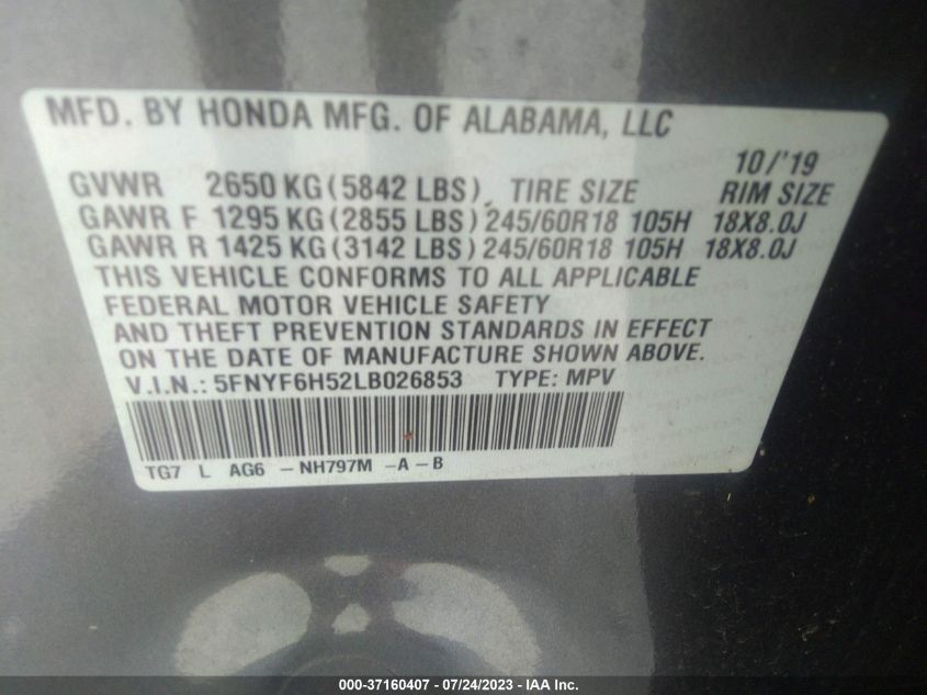 2020 HONDA PILOT EX-L - 5FNYF6H52LB026853