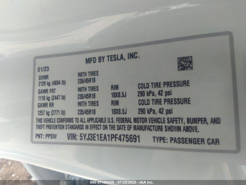 2023 TESLA MODEL 3 - 5YJ3E1EA1PF475691
