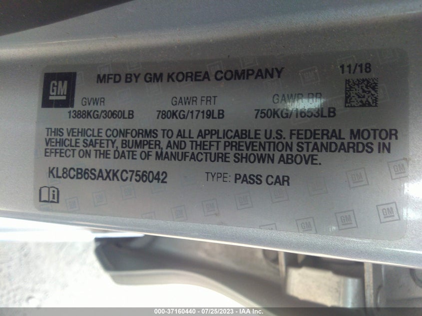 VIN KL8CB6SAXKC756042 2019 CHEVROLET SPARK LS