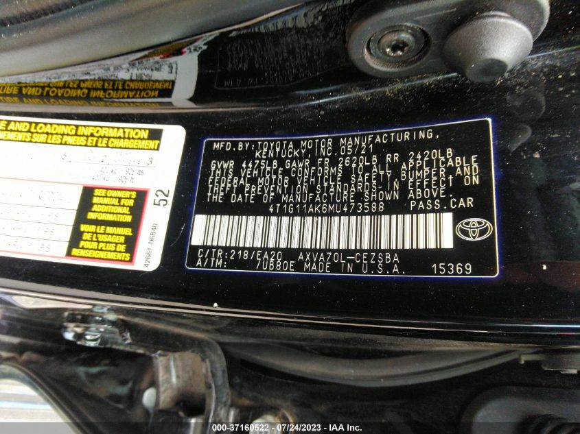 2021 TOYOTA CAMRY SE/SE NIGHT SHADE - 4T1G11AK6MU473588