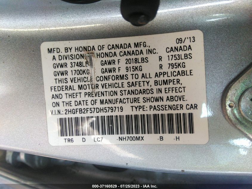 2013 HONDA CIVIC SDN LX - 2HGFB2F57DH579719