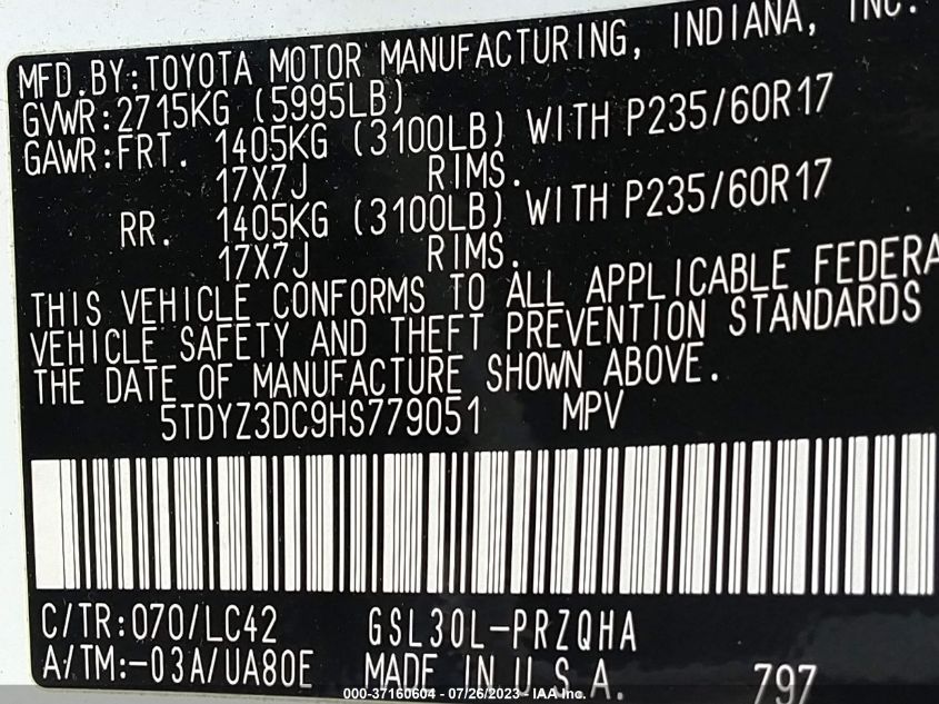2017 TOYOTA SIENNA XLE AUTO ACCESS - 5TDYZ3DC9HS779051