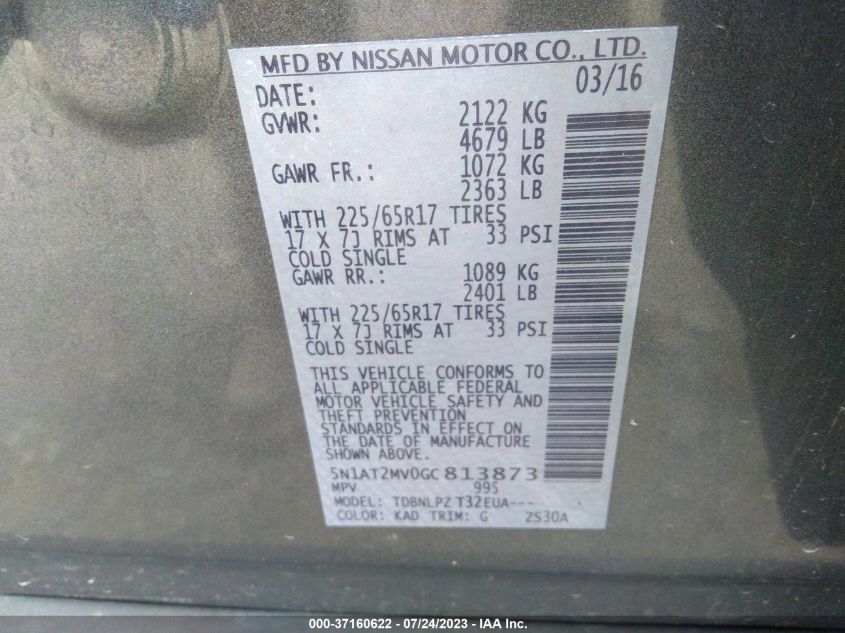 2016 NISSAN ROGUE SV/SL/S - 5N1AT2MV0GC813873