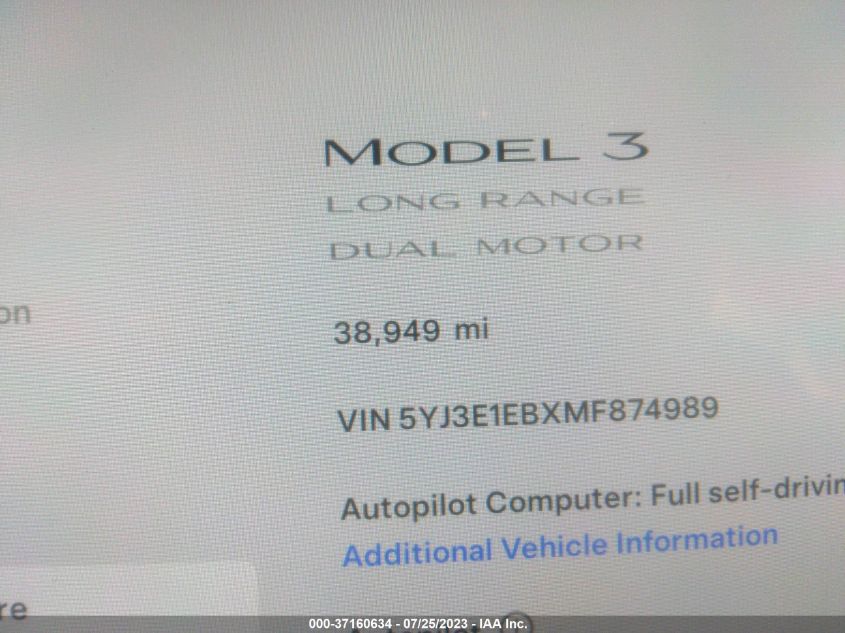 2021 TESLA MODEL 3 LONG RANGE - 5YJ3E1EBXMF874989