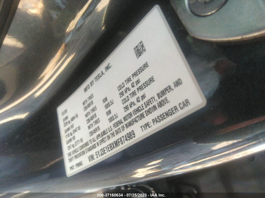 2021 TESLA MODEL 3 LONG RANGE - 5YJ3E1EBXMF874989