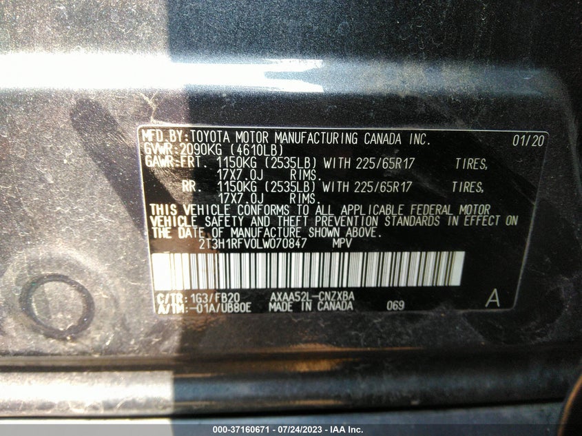 VIN 2T3H1RFV0LW070847 2020 TOYOTA RAV4 LE