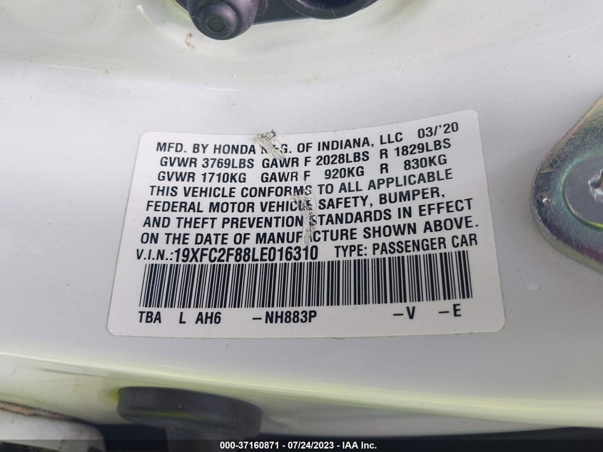 VIN 19XFC2F88LE016310 2020 HONDA CIVIC SEDAN SPORT