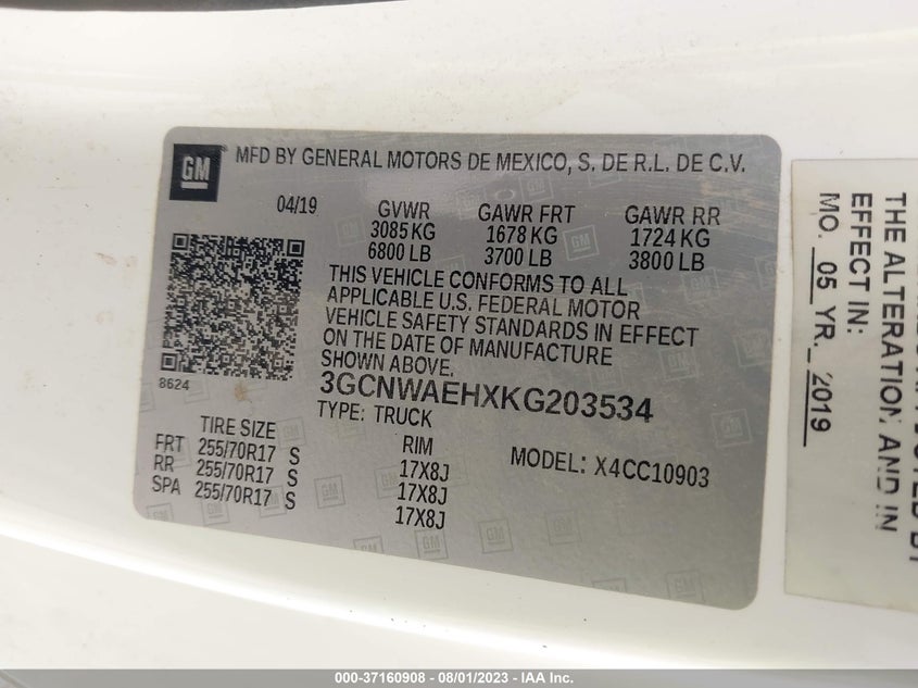 VIN 3GCNWAEHXKG203534 2019 CHEVROLET SILVERADO 1500 WORK TRUCK
