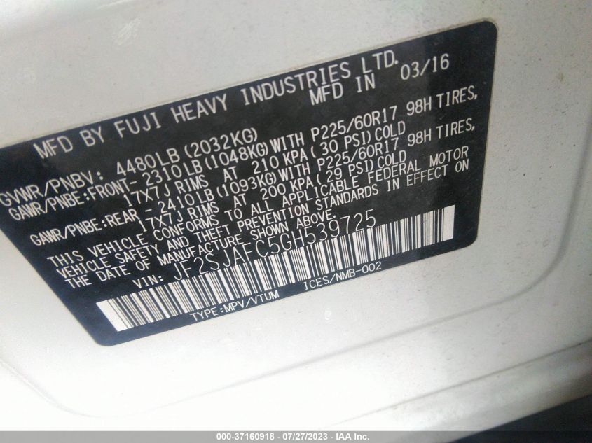 2016 SUBARU FORESTER 2.5I PREMIUM - JF2SJAFC5GH539725