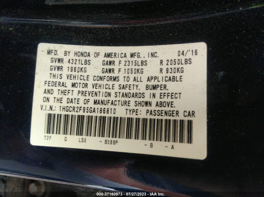 2016 HONDA ACCORD SEDAN EX-L - 1HGCR2F95GA186810