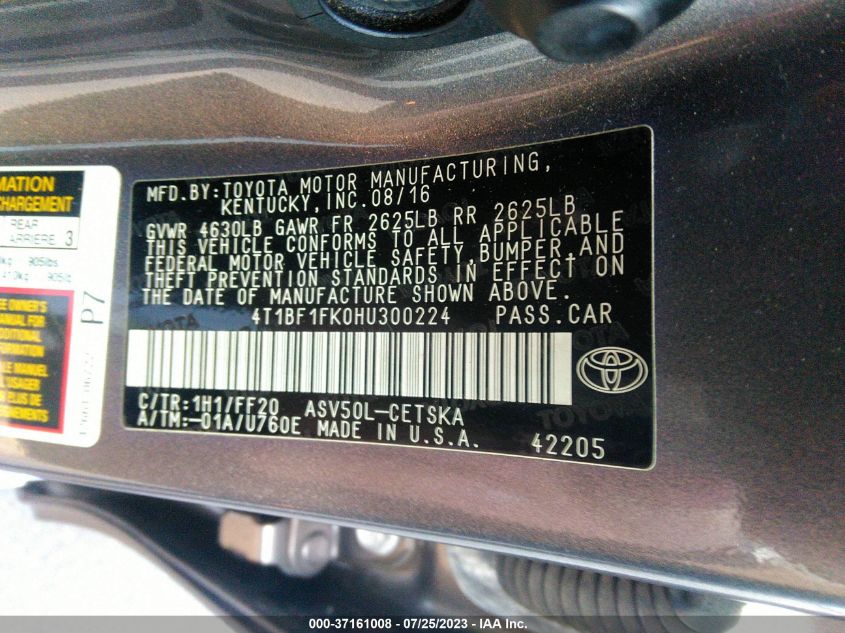 2017 TOYOTA CAMRY XLE/SE/LE/XSE - 4T1BF1FK0HU300224