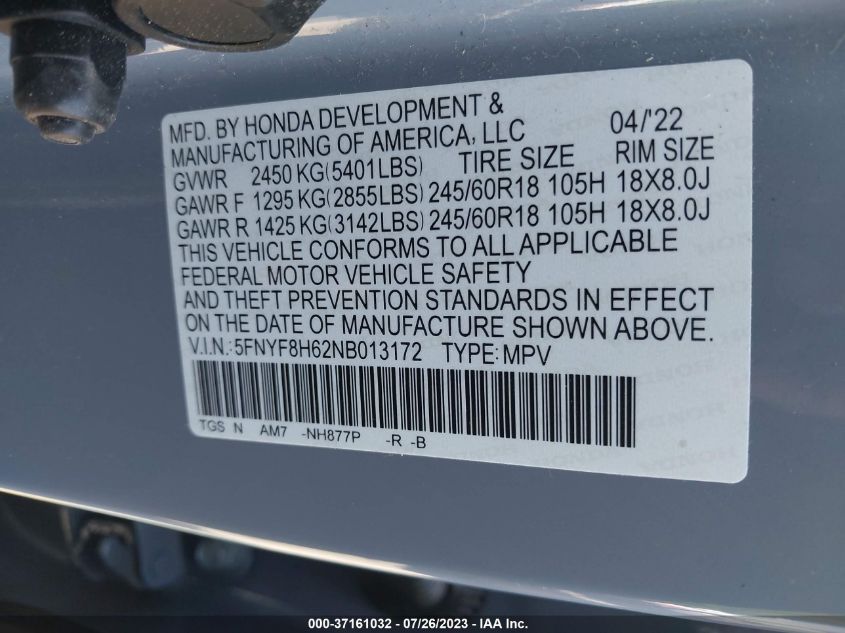 2022 HONDA PASSPORT TRAILSPORT - 5FNYF8H62NB013172
