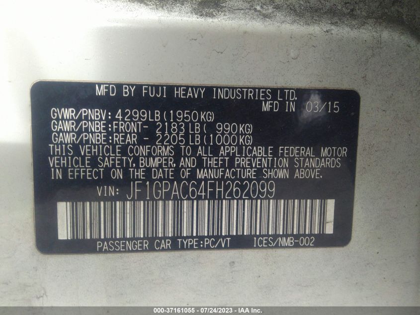 2015 SUBARU IMPREZA WAGON 2.0I PREMIUM - JF1GPAC64FH262099