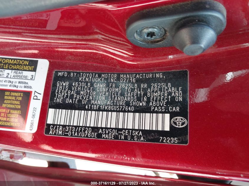 2016 TOYOTA CAMRY XLE/SE/LE/XSE - 4T1BF1FK8GU577640