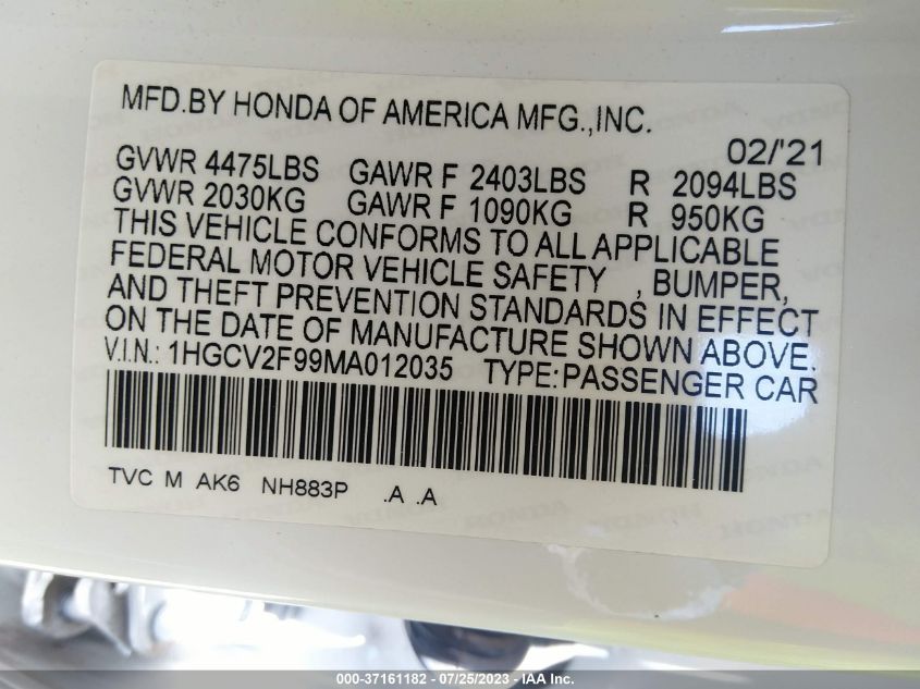 2021 HONDA ACCORD SEDAN TOURING - 1HGCV2F99MA012035