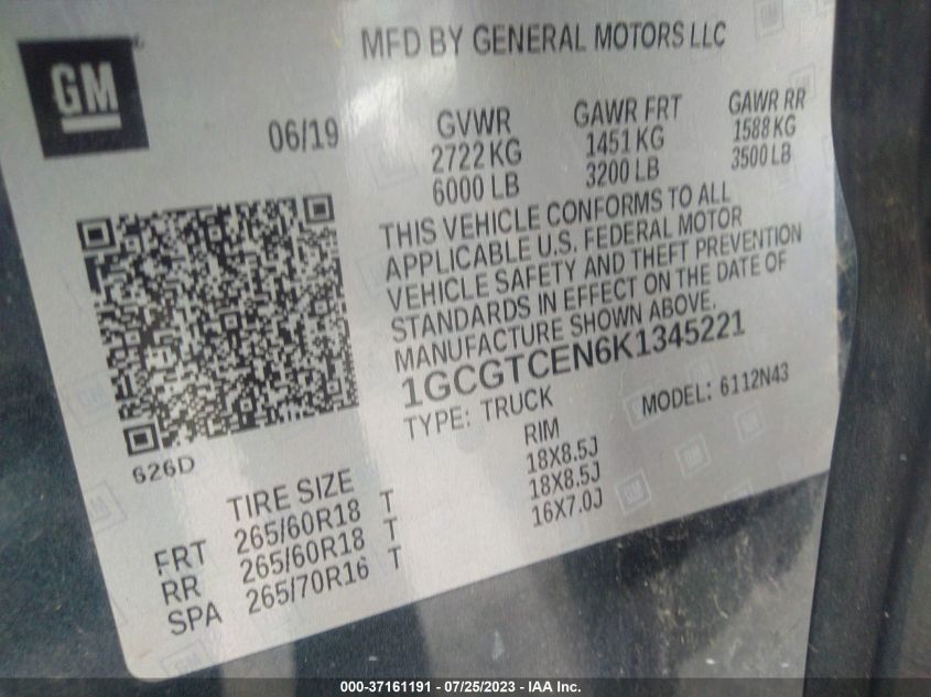 2019 CHEVROLET COLORADO LT - 1GCGTCEN6K1345221