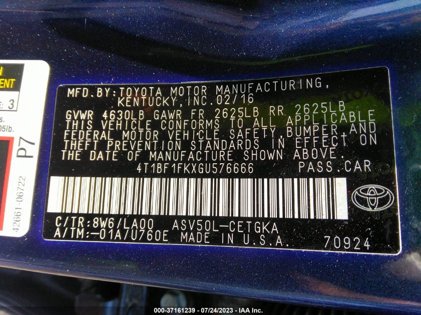2016 TOYOTA CAMRY XLE/SE/LE/XSE - 4T1BF1FKXGU576666