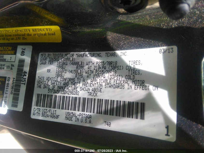 2013 TOYOTA TUNDRA 4WD TRUCK - 5TFDW5F15DX298202