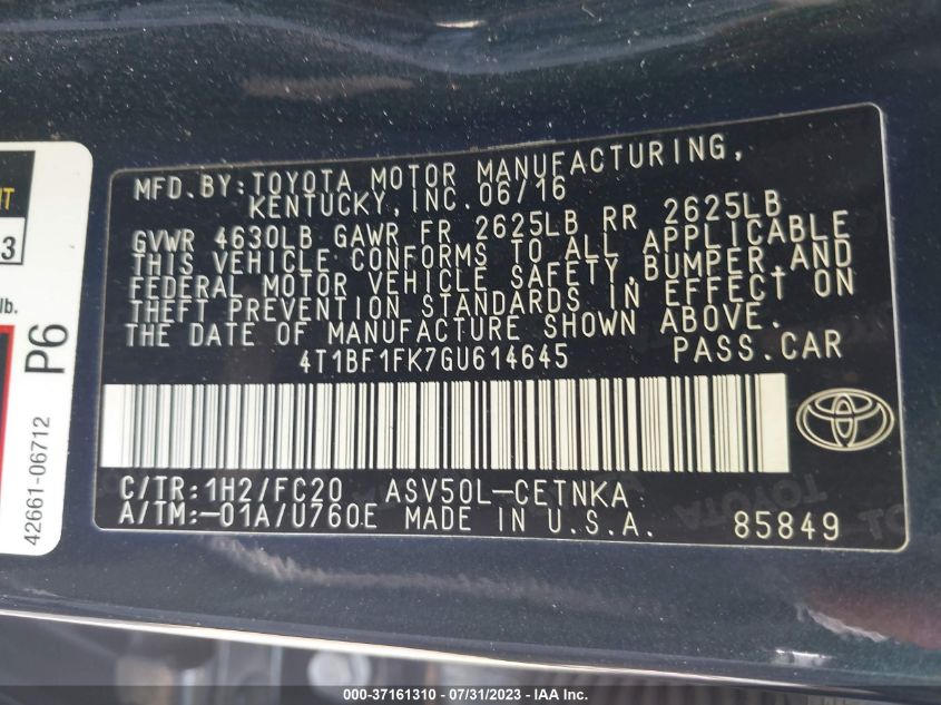 2016 TOYOTA CAMRY LE/XLE/SE/XSE - 4T1BF1FK7GU614645