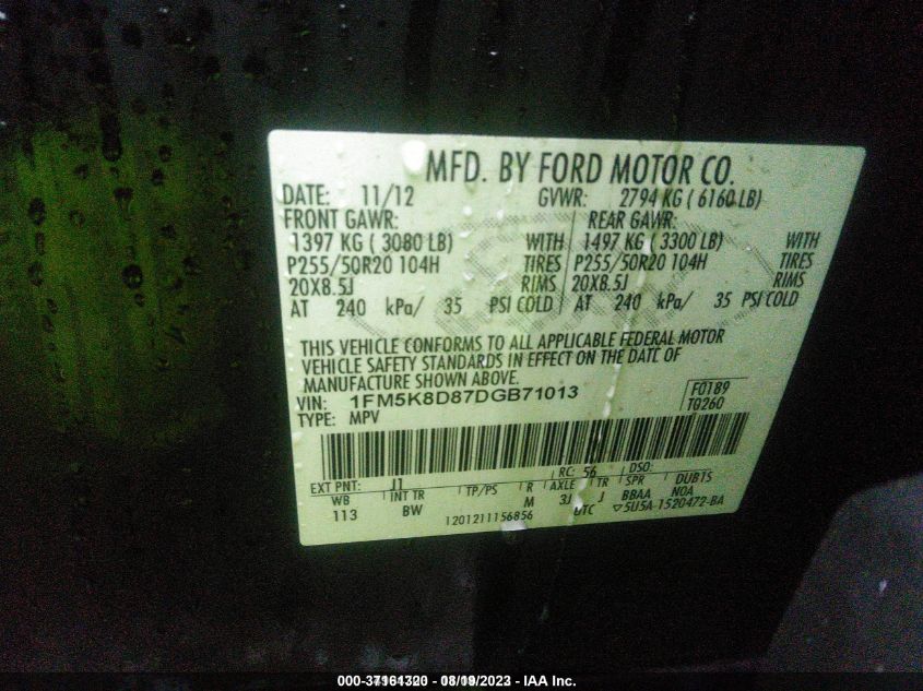 2013 FORD EXPLORER XLT - 1FM5K8D87DGB71013