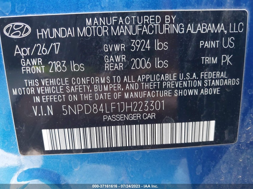 VIN 5NPD84LF1JH223301 2018 HYUNDAI ELANTRA SEL