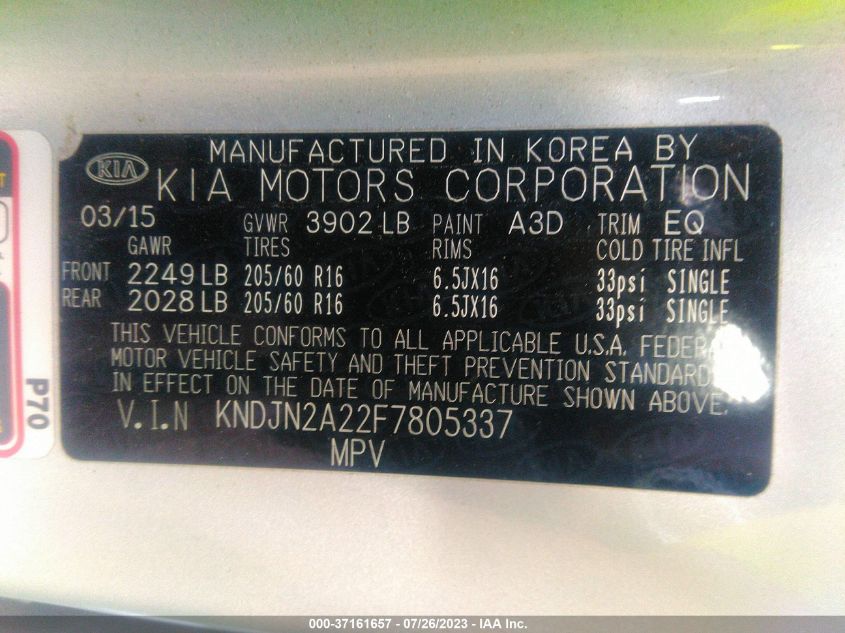 2015 KIA SOUL BASE - KNDJN2A22F7805337