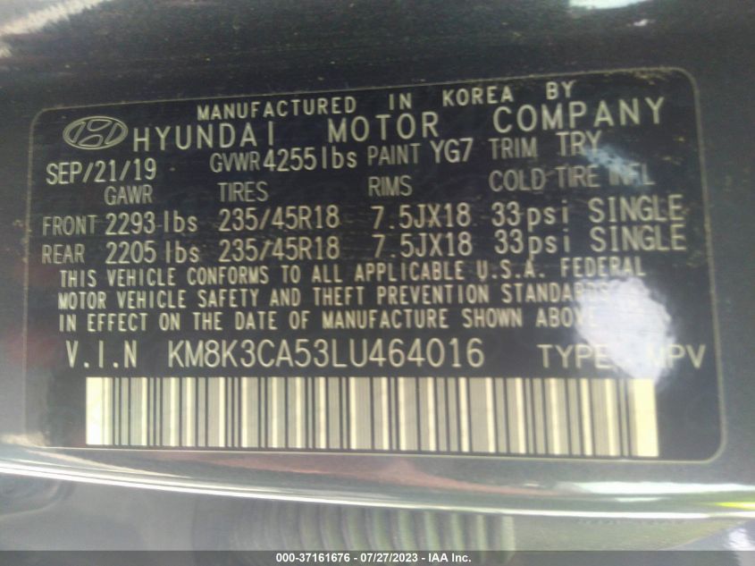 2020 HYUNDAI KONA LIMITED - KM8K3CA53LU464016