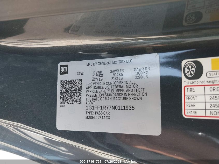 2022 CHEVROLET CAMARO LT1 - 1G1FF1R77N0111935