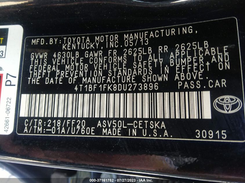 2013 TOYOTA CAMRY L/LE/SE/XLE - 4T1BF1FK8DU273896