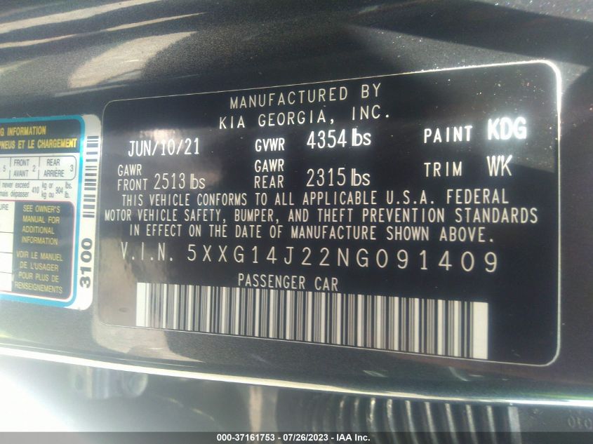 2022 KIA K5 LXS - 5XXG14J22NG091409