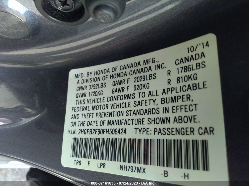 2015 HONDA CIVIC SEDAN EX-L - 2HGFB2F90FH506424