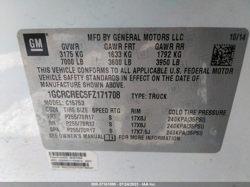 2015 CHEVROLET SILVERADO 1500 LT - 1GCRCREC5FZ171708