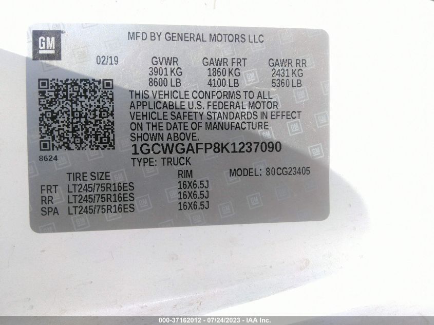 2019 CHEVROLET EXPRESS CARGO VAN - 1GCWGAFP8K1237090