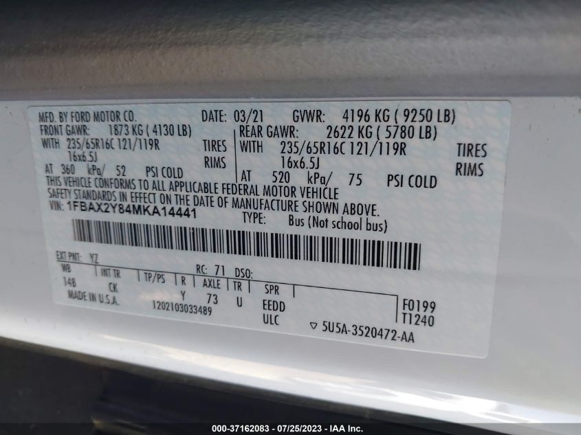 2021 FORD TRANSIT PASSENGER WAGON XL/XLT 1FBAX2Y84MKA14441