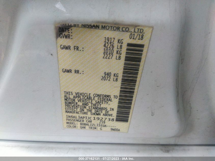 2018 NISSAN ALTIMA 2.5 SV - 1N4AL3AP3JC192738