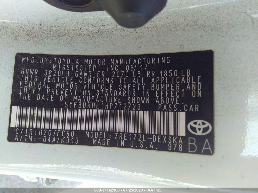 2017 TOYOTA COROLLA L/LE/XLE/SE - 5YFBURHE1HP712729